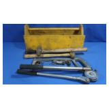 Wooden Tool Tote w/Misc Tools-Hammers, Hacksaw,