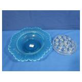 Vintage Blue Opalescent Dish w/Flower Frog