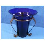 Blue Art Glass Vase w/Metal Embellishments