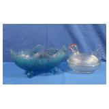 Blue Flash Glass Bowl, Hen on Nest