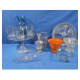 Glass Cake Plate, Orange Candy Dish, Blue Vase &