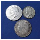 1921 Silver Dollar, 1964 Kennedy 50 Cent Piece,