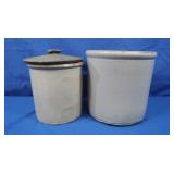2 Stoneware Crocks (good cond), mismatched Lid