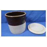 Brown & Tan Crock w/mismatched Lid (good cond)