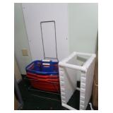 White Plastic Shelf, 3 Shopping Baskets & Stand