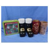 Set of Christmas Cookie Tins, 2 Santa Boot Vases,