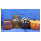 Orange Ceramic Pumpkin w/Lid, Ceramic Acorn