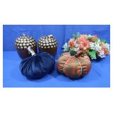 2 Plush Pumpkins-Blue & Velvet, 2 Ceramic Acorns