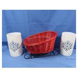 Red Wicker Sleigh Basket w/Insert, 2 Tall White