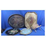 Vintage Metal Serving Trays, Wooden Rack