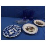 Flow Blue Plates, 2 Cobalt Vases