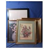 3 Floral Pictures w/Frames, empty Frame w/Glass