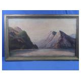 Mountain Landscape Oil on Board w/Wood Frame