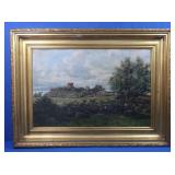 Antique Framed Painting-Oil on Canvas-wood pins