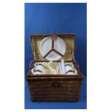 Vintage Picnic Basket w/Plates, Cups, Wine