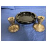 Weighted Sterling Candlesticks, Dark Amber Ashtray