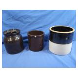 3 Antique Crocks-1 Brown & Tan