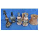 Pair of Pink Glass Table Lamps w/Raffia Shades &