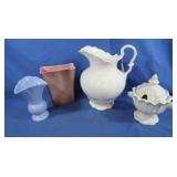 Antique White Ewer Pitcher (cracked), Blue Vase