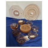 Pink Depression Glass Cake Plate, Cups, Saucers &