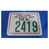 1952 Elk Co Antlerless Deer Hunting License