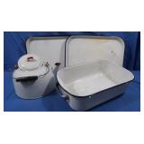 Enamel Teapot, Pan & 2 Trays