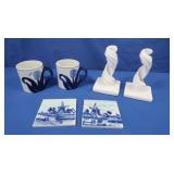 Delft Mugs & Tile Trivets, 3 MCM Milk Glass