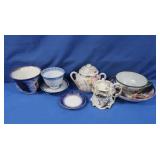 Antique Cups, Saucers, Sugar Dish incl Blue Blow,