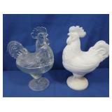 Standing Lidded Chickens-Milk & Clear Glass