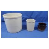 Crock (w/crack), 2 Small Pottery Planters