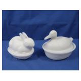 Milk Glass Lidded Duck & Rabbit Dishes