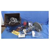 Vintage Magazine Holder, box of various cords,