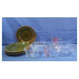 4 Plates, Glass Pie Dish, 3 Pyrex Measuring Cups