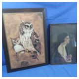 Large Wooden Owl Plaque, Vintage Lady Picture