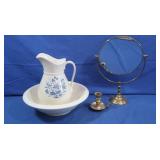 Ceramic Pitcher & Wash Basin, Brass Mirror
