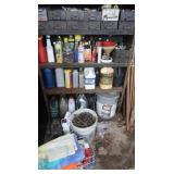 3 Shelf & Floor Lot-Oil, Insect Killer, Rags,
