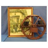 Framed House Print, Wagon Wheel Planter