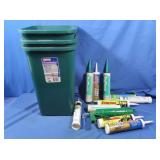 3 Trash Cans w/lids, Liquid Nails, Adhesives