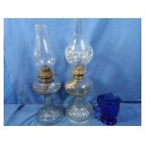 2 Vintage Oil Lamps 14"H & Blue Colbalt Cup