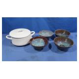 Pottery Bowls, Enamel Lidded Pot