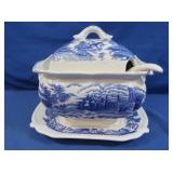 Blue & White Decorated Soup Tureen & Spoon
