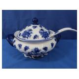 Blue & White Decorated Serving Bowl & Spoon