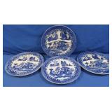 4 Vintage Japanese Blue & White Divided Plates