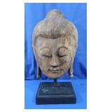 Carved Wood Buddha Head on Stand