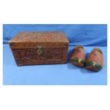 Carved Wooden Box (has crack), Wooden Shoes