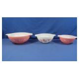 3 Pyrex Gooseberry Bowls-Pink & White