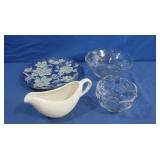 Blue & White Dish, 2 Crystal Bowls, Gravy Boat