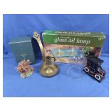 Glass Oil Lamp, Brass Candle Holder & Lenox