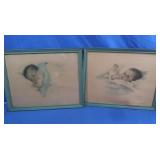 2 Vintage Baby Drawings 15x20"