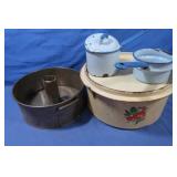 Vintage Tin Cake Holder, Bundt Pan, Strainers